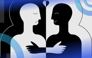 A black and white graphic of happy and sad mirrored and color-inverted figures embracing.