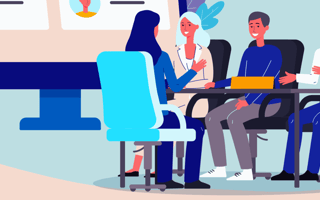 A candidate interviewing in front of a three person panel.