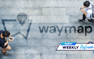 People walk a city street, looking at their phones. On the pavement is the Waymap logo and in the left hand corner, the Built In Weekly Refresh logo