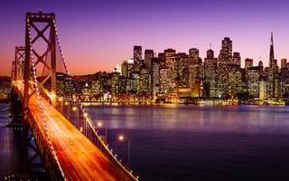San Francisco skyline and Bay Bridge at sunset