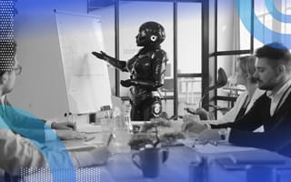 A robot gives a presentation to a group