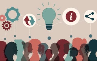 A group of people having conversations with information and networking icons above them.