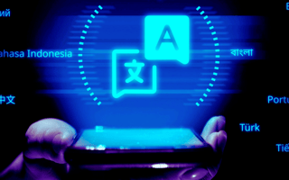 A smart phone with the icon for translation hovering above the screen as languages pass through it.