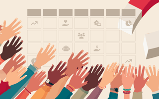 A group of hands reaching toward a large magnet as recruiting trends continue to evolve.