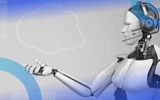 A robot wearing a headset reaches toward an outline of a cloud.
