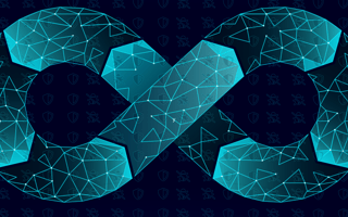 An infinite loop used to portray DevOps with security and debugging symbols incorporated into its design.