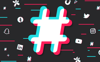 Social media and tool icons floating around a large hashtag icon.