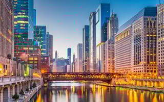 Chicago cityscape on the river at twilight.
