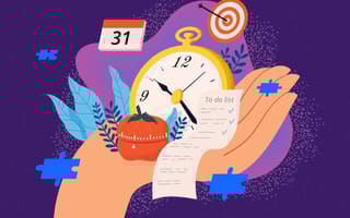 A large hand holding items that represent productivity including: a clock, timer, calendar and to do list.