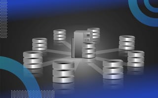 A stylized representation of a data warehouse; multiple symbols for database (three stacked disks) feed into a central server. /big-data/data-warehouse-vs-transactional-database