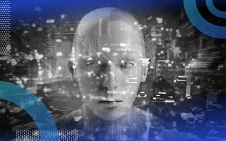 A robotic human face with a technical overlay