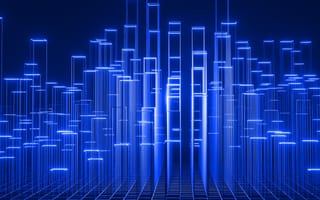 Software architecture represented by a digital blueprint of a city skyline.