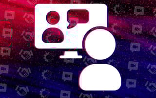 Virtual interview icons over an abstract background.