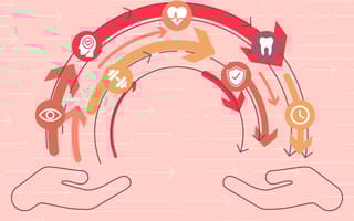 Healthcare benefit icons flowing from one hand to another.