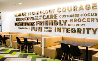 Wall in the Ahold Delhaize USA office with different descriptive and inspiring words on it