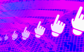 Large hands swiping across a digital landscape.