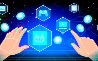 Hands reaching out to play games developed with blockchain technology.