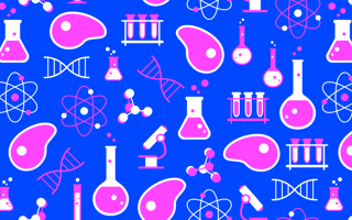 A collage of synthetic biology and lab icons including: flasks, test tubes, strands of DNA, atoms, molecules, and synthetic meats.