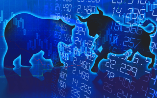 Outlines of the bear and bull that represent the financial sector overlayed financial data.