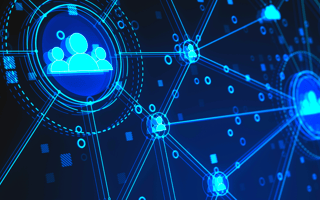 A digital outline of people icons connected together through a HR tech suite.