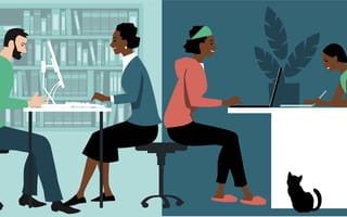 Illustration showing a man and woman working in an office on the left compared to two women working remotely at home