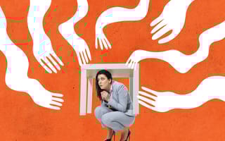 A photo of a business woman hiding in fear under her desk, collaged against an orange background with spooky illustrated white hands reaching toward her from every direction of the frame.