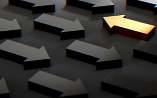 A golden arrow pointing in the opposite direction in a group of arrows to avoid group think.