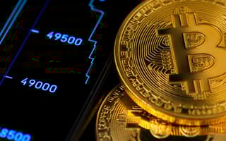 A physical crypto EFT overlayed on a stock trading dashboard.
