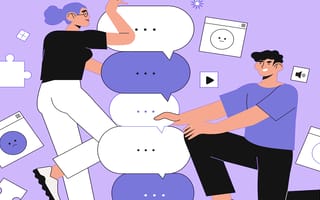 A manager and an employee building a tower of speech bubbles through constructive criticism.