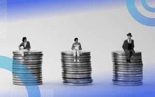 Three miniature people (and the woman in the center holds a baby) sitting on top of equal stacks of coins. /remote-work/remote-company-country-wide-pay-scale