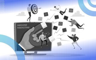 A cartoon of a hand holding a magnet, reaching out from a computer screen, attracting small people and documents. /marketing/convert-outbound-to-inbound-pipeline