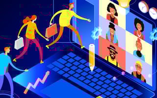 Employees walking back and forth from an office and a virtual meeting in a hybrid workplace model.