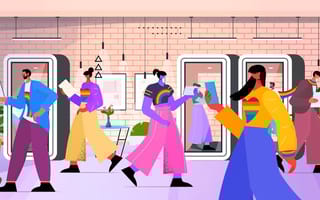 Illustration of people working together in an office wearing lgbt rainbow flags on their shirts