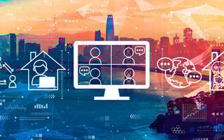 Online meeting icons overlayed on a view of the Bay Bridge in San Francisco