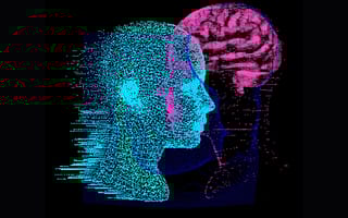 two AI figures merging together with highlighted brain