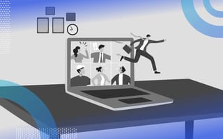 A cartoon of a man in a suit breaking out of his videoconferencing meeting, symbolizing the return to the office mvoement. company-culture/3-predictions-return-to-office