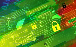 computer hardware chip with green and yellow overlay and padlock icons