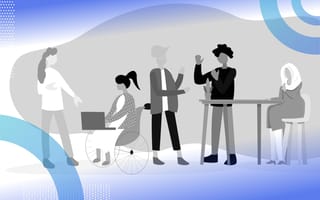 A cartoon of people with different skintones and hairstyles, some standing and one sitting and another using a wheelchair. /diversity-inclusion/tech-can-innovate-dei-again