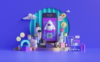 3D digital art of smartphone with clothing and retail products surrounding it