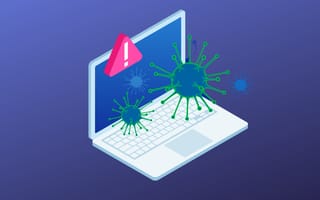 digital art of laptop with virus spores surrounding it