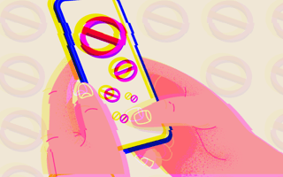 A person holding a mobile device with an anti engagement symbol blocking them from using it.