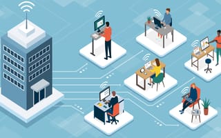 graphic of office building connected to different workspaces
