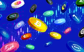 A variety of coins with crypto currency logos cascading in front of a trend graph from a cyrpto trading platform.