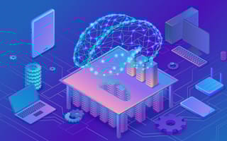 graphic of a brain hologram surrounded by computers