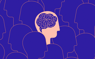 A crowd of head silhouettes with one head differing in color and drawn with a brain to show their divergent thinking.