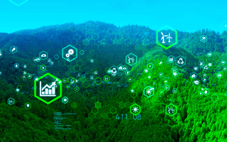 A lush landscape surrounded by environmental technology icons including solar, wind and electrical energy.