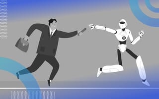 An illustration of a man in a suit passing a baton to a robot on a running track, as in a relay race. /artificial-intelligence/ai-last-mile-problem