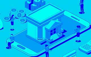 A bank emerging from a mobile device surrounded by people and common banking elements like money and credit cards.