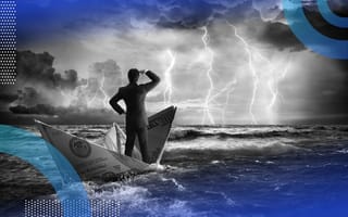 A man stands in a boat made of a folded dollar on the sea facing a coming storm