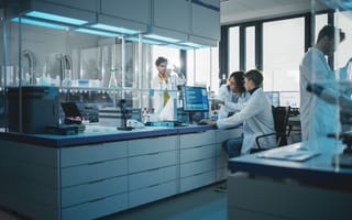 A team of medical researchers works in a lab setting